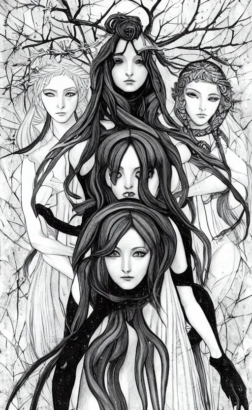 Image similar to allegory of Winter, as 3 figures, (Representing the 3 months of December, January, and February), in a mixed style of Botticelli and Æon Flux, inspired by pre-raphaelite paintings, shoujo manga, and Harajuku street fashion, sparse frozen landscape, dark and moody colors, hyper detailed, super fine inking lines, dramatic lighting, 4K photorealistic