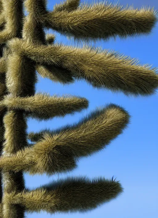 Image similar to extra furry and hairy pinetree, realistic, 4 k, sharp focus, hyperrealistic, global illumination, raytracting