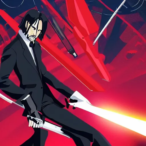 Prompt: john wick wielding the red scissor blade from kill la kill