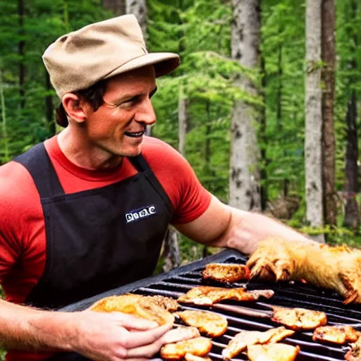 Image similar to film still of bear grylls in a bear costume cooking a grill