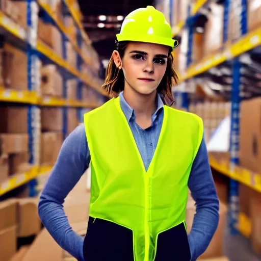 Image similar to photo, close up, emma watson in a hi vis vest, in amazon warehouse, portrait, point and shoot camera, backlit,