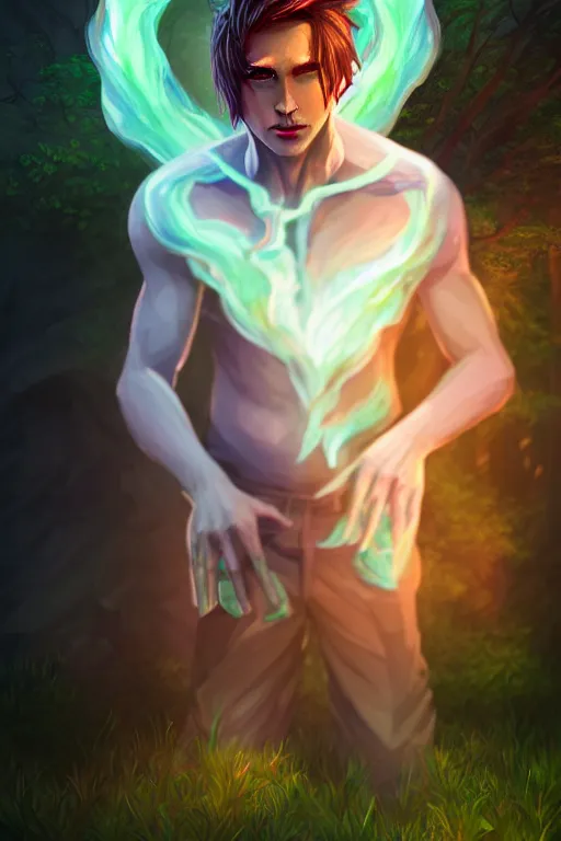 Prompt: a human elemental sorcerer, forest setting, colorful magic, male, white skin, portrait, young, sharp focus, concept art, dynamic lighting, by emylie boivin