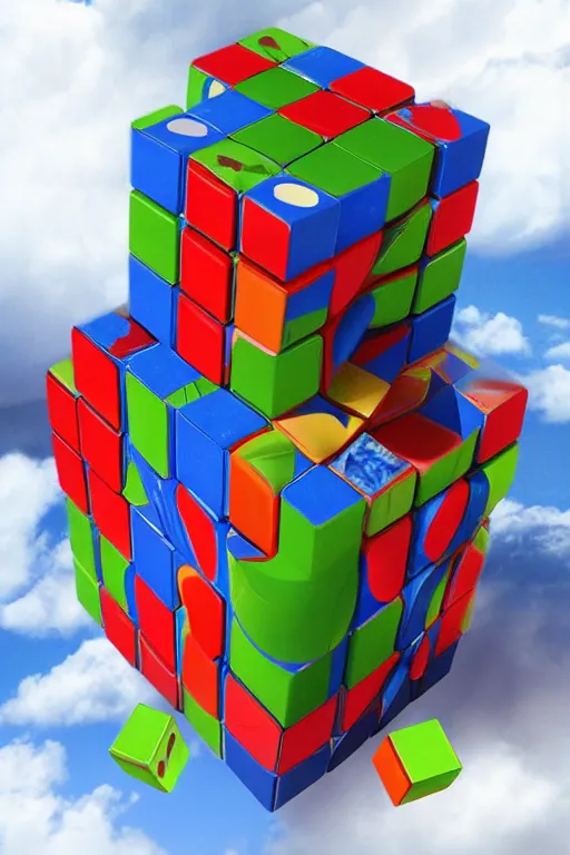 Prompt: an elaborate surreal tower of Rubik's cubes rising into the clouds, concept art, 4k