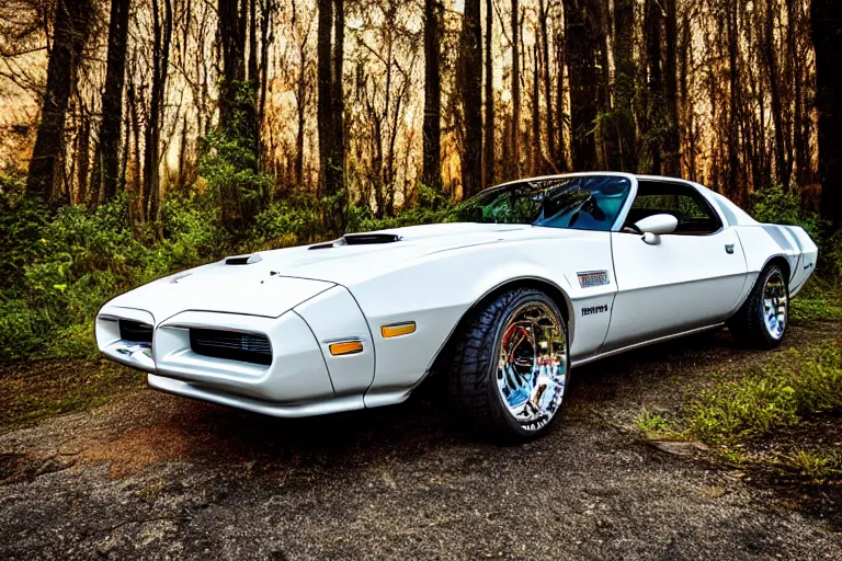 Prompt: reflective white pontiac firebird with kittens drawn on it, dramatic, cinematic, forest, volumetric lighting