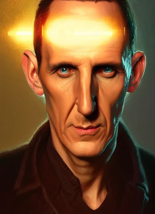 Image similar to portrait of the ninth doctor from doctor who, intricate, elegant, glowing lights, highly detailed, digital painting, artstation, concept art, smooth, sharp focus, illustration, art by wlop, mars ravelo and greg rutkowski