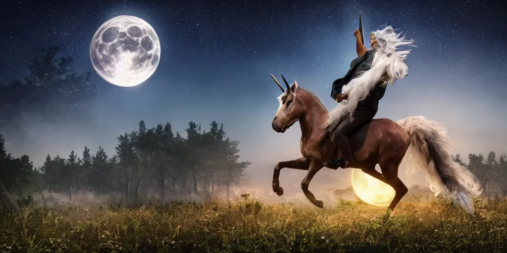 Prompt: morgan freeman riding an unicorn, in the middle of a forest, in the moonlight, night realism, 4 k, octane render, award winning photograph