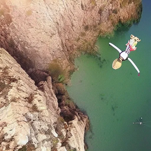 Prompt: a hairy dog with a big parachute jumping from a cliff. captured by a drone. wide camera. epic