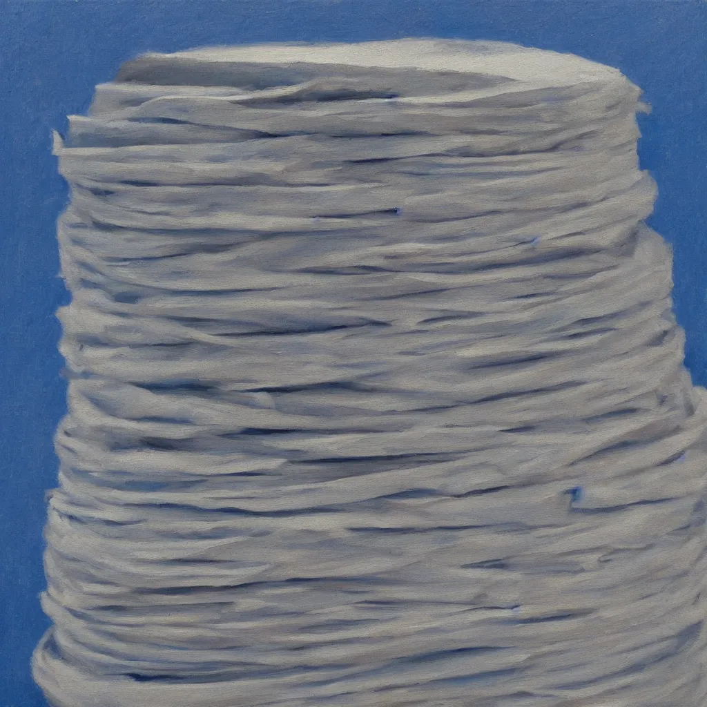 Prompt: oil painting of a very thick roll of newspaper standing vertically against a blue background, impressionist artwork