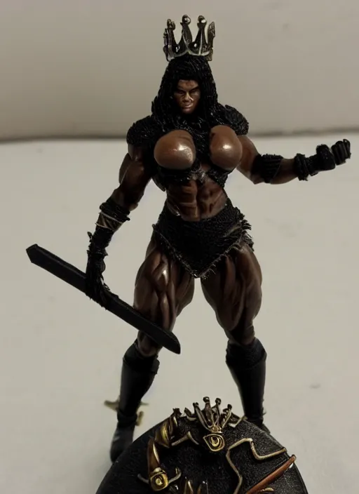 Image similar to 80mm resin detailed miniature of a Very Muscular Queen, angry, black skin, long cloak, bikini-armor, iron crown, Shaved Skinhead, on textured disc base, Company logo in upper left corner; Miniature product Photo, 4K, Full body