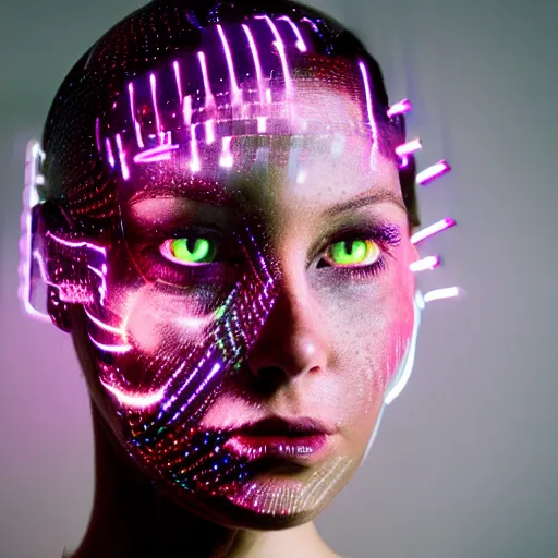 Image similar to a portrait of a female cyborg, fashion, streak lights, ligjt trail, color gel, photogtaphy, canon r 5, wide angle