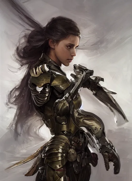 Prompt: a professional photographic portrait of a beautiful young female, clothed in battle armor, exposed waist, olive skin, long dark hair, beautiful bone structure, symmetrical facial features, intricate, elegant, digital painting, concept art, smooth, sharp focus, illustration, beautifully framed, from Metal Gear, by Ruan Jia and Mandy Jurgens and Artgerm and William-Adolphe Bouguerea