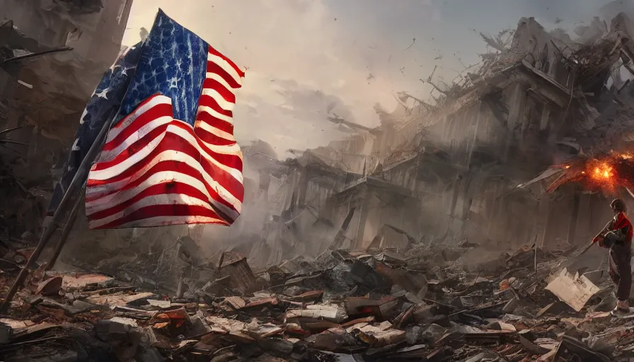 Image similar to destroyed washingon dc, man planting the torn dirty american flag on the ruins of a building, debris, hyperdetailed, artstation, cgsociety, 8 k