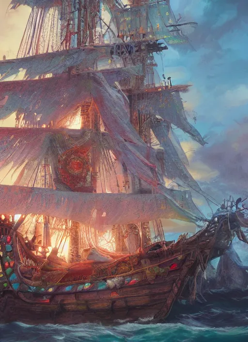 Prompt: detailed concept art illustration colorful pastel painting of a pirate ship in full intricate sails, ultra detailed, digital art, octane render, 4K, dystopian, micro details