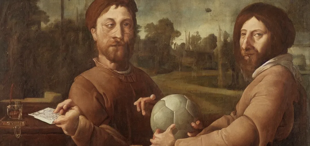 Image similar to Renaissance oil portrait of a man studying a soccer ball, a tactics board is in the background, high-quality realistic oil painting with detailed strokes, robed Renaissance scholar,