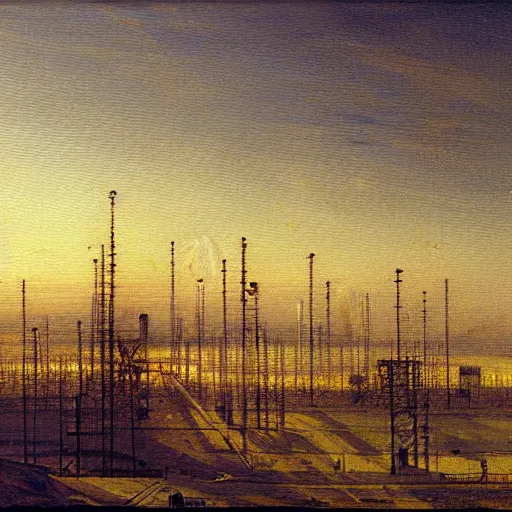 Image similar to modern particle accelerators, oil painting, by Caspar David Friedrich, 4k,