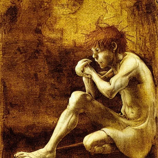 Image similar to Peter pan dying by Leonardo DaVinci,highly detailed ,smooth