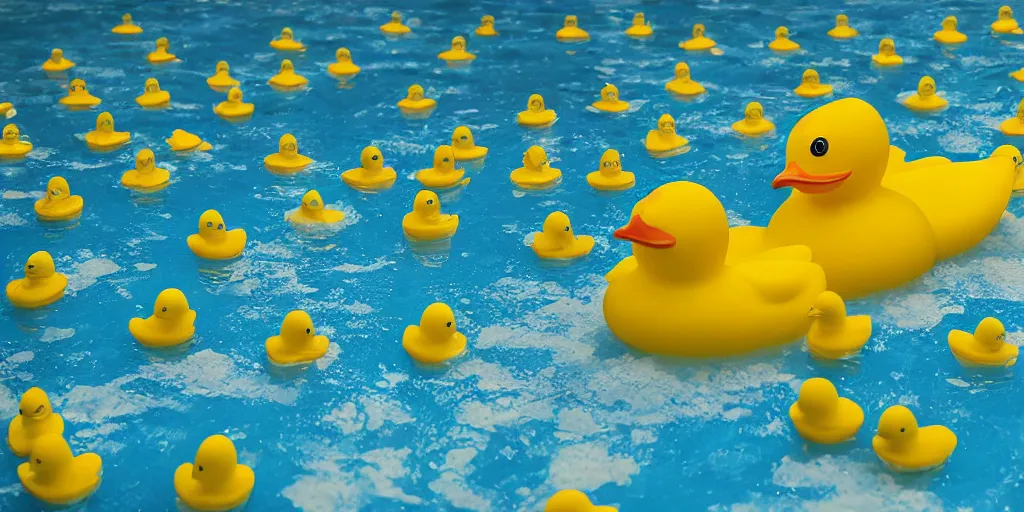 Prompt: An Epic yellow rubber duck bathtub battle, realistic 4k octane beautifully detailed render, 4k post-processing, highly detailed, intricate complexity, epic composition, magical atmosphere, cinematic lighting, masterpiece, ultra hd