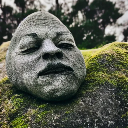 Image similar to a grey mossy rock with the face of dwayne johnson, shot on iphone 1