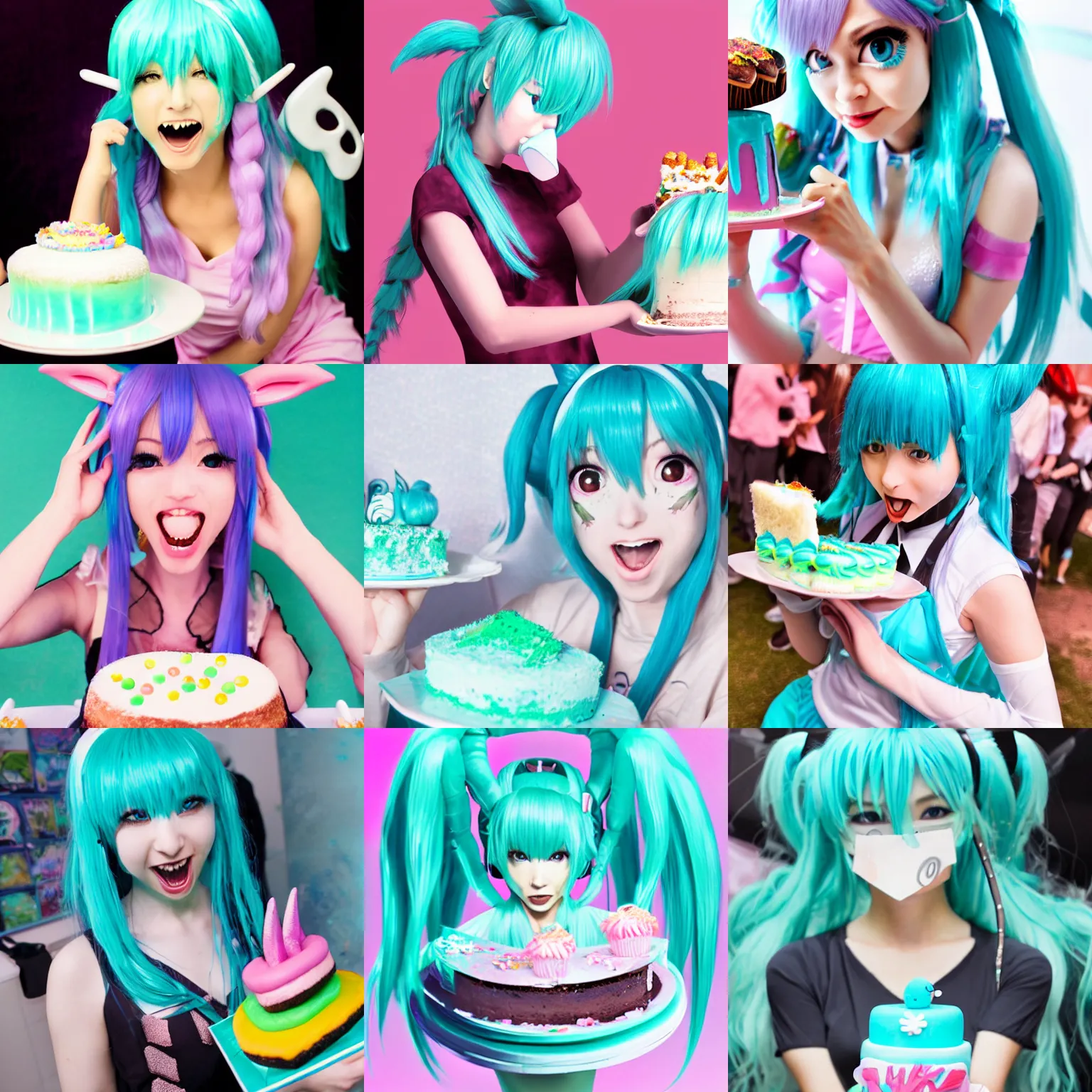 Prompt: a realistic photograph of someone dressed as hatsune miku eating a cake