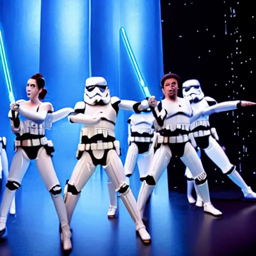 Prompt: Production photo of Star wars the musical on broadway, dancing, star wars costumes by Julie Taymor, set design by Julie Taymor