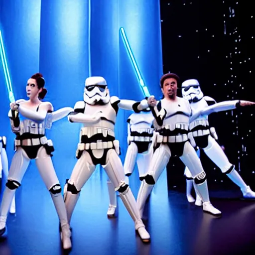 Image similar to Production photo of Star wars the musical on broadway, dancing, star wars costumes by Julie Taymor, set design by Julie Taymor