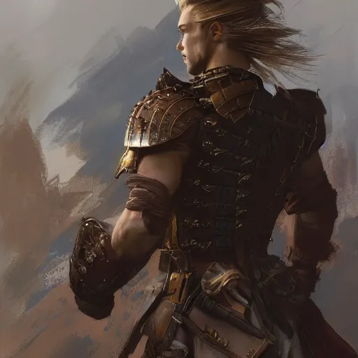 Prompt: rear side portrait of a muscular, ponytail haired blonde man with a armored left arm, wearing a brown leather coat, looking to his left, DnD, fantasy, detailed, digital art by Ruan Jia