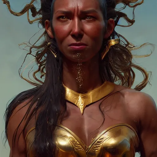 Prompt: portrait of tall hyper - muscular bronze - skinned warrior woman with long flowing black hair and big gold earrings, volumetric lighting, dynamic composition, art by sachin teng and sergey kolesov and ruan jia and heng z, scifi, hyper detailed, ultra realistic, sharp focus, wildlife photography, national geographic, octane render, concept art