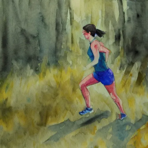 Image similar to a female orienteer runs in the forest, watercolor on canvas.