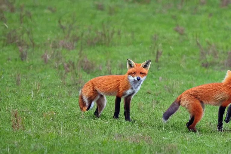 Image similar to Foxes playing in a meadow