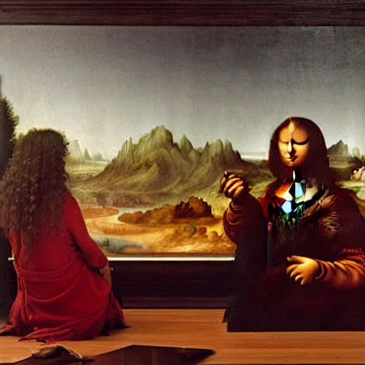 Image similar to An ultra HD photo of Leonardo Da Vinci painting the Mona Lisa on an ezel, Mona Lisa is posing on a chair in front of the hills, Leonardo is painting in front of her. 1/2/1797, Wideangle, 8k
