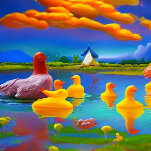 Image similar to a fantasy world of rubber ducks, landscape painting, highly detailed