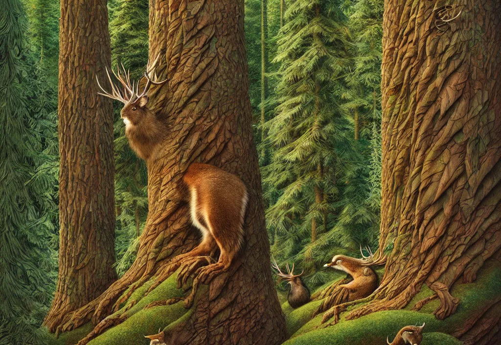 Image similar to bev doolittle hidden animals on the landscape image, bev doolittle high trees, enchanted forest ( hidden animals ) drawing elegant, highly detailed, digital painting, artstation, concept art, matte, sharp focus, illustration, hearthstone, art paolo gheri