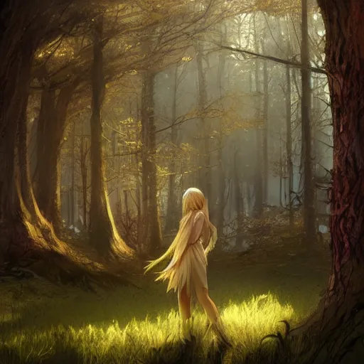 Image similar to blonde woman inside fairy forest, digital art, photorealistoc, art by greg rutkowski, hyperdetailed, western comic style, comic, comic style, sharp lineart, professional lighting, deviantart, artstation, trevor henderson, rossdtaws, cinematic, dramatic