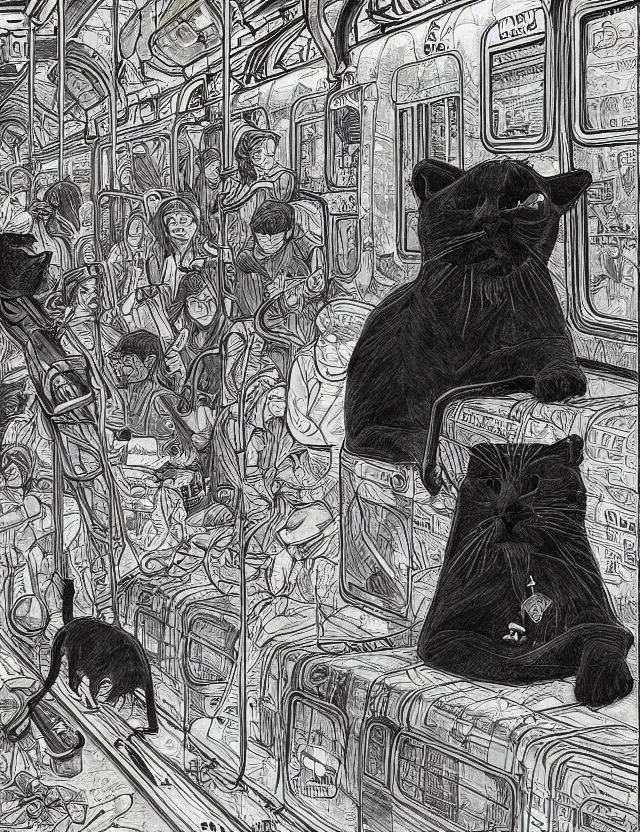 Prompt: realistic portrait of a stoned black cat and a lion lost in the very busy and crowdy NYC subway looking at a train arriving to late by James Jean