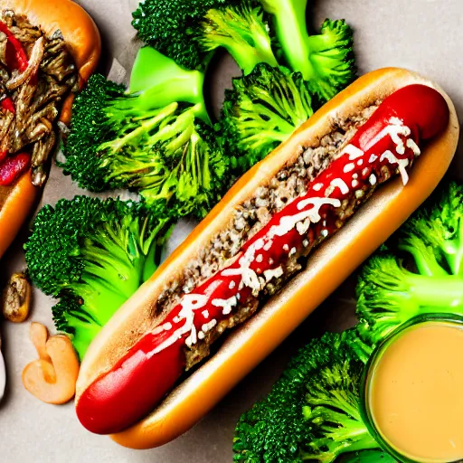 Prompt: photo shoot portrait of a delicious hot dog with broccoli and sardines, mustard, ketchup, detailed, uhd, 8k,