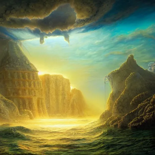 Image similar to A beautiful render of a lost city under the ocean, by robert steven connett and tomasz alen kopera and Jordan Grimmer, salvador dali style, gods ray, mesmerizing clouds, underwater, 4k hd wallpaper