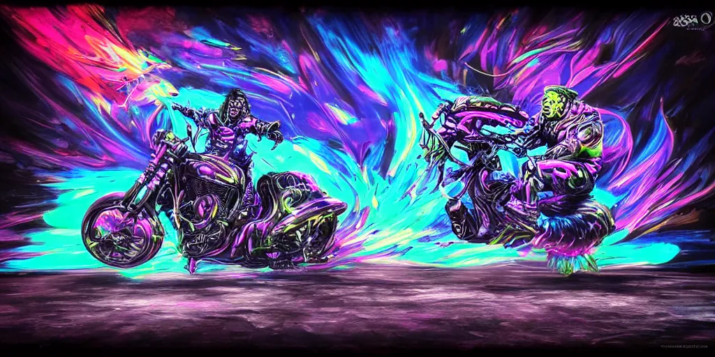 Image similar to psychedelic blacklight neon airbrush artwork, motorcycle, hyper stylized action shot of an orc popping a wheelie on a motorcycle, menacing orc, clear focused details, soft airbrushed artwork, black background, apocalyptic, cgsociety, artstation, peter lloyd art, peter palombi art