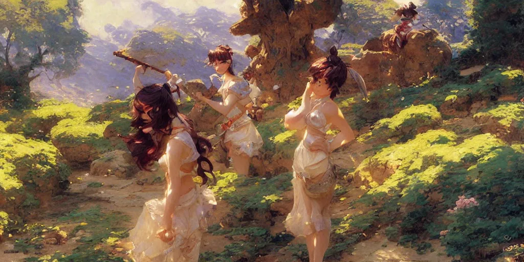 Image similar to cute anime landscape painting by gaston bussiere, craig mullins, j. c. leyendecker