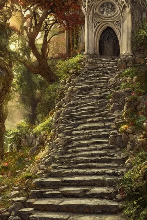 Prompt: stone steps fantasy landscape artstation by emilia dziubak, will terry, greg olsen, chris mars, ann long, and mark brooks, dramatic, fairytale, art nouveau, victorian, neo - gothic, gothic,, storybook design