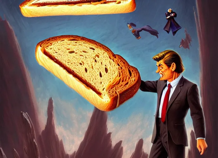 Image similar to a single giant magical piece of toast with a stern facial expression wearing a business suit and floating in the air, a crowd of breadloaves bowing down below, by marco bucci and frank frazetta, magic : the gathering fantasy concept art, high resolution, fantasy coloring, intricate, digital painting, artstation, smooth, sharp focus