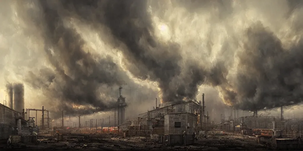 Image similar to a painting of a factory with smoke pouring out of it, a detailed matte painting by jonas de ro, cgsociety, nuclear art, dystopian art, apocalypse art, apocalypse landscape, dark, moody
