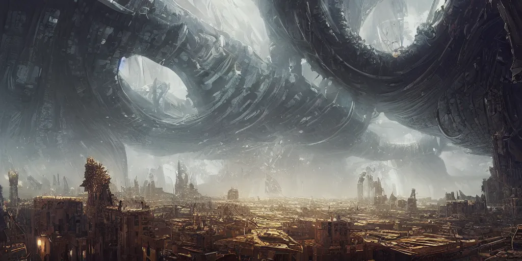 Prompt: monster looms over scifi city, acanthus scroll, ceremonial clouds, dripping paint, fibonacci rhythm, kelp, barnacle, artstation, art germ, wlop, karol bak, christopher balaskas