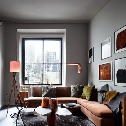 Prompt: atmospheric, reflections, award winning contemporary modern interior design city apartment, living room, cozy and calm, fabrics and textiles, colorful accents, brass and copper, many light sources, lamps, oiled hardwood floors, book shelves, couch, desk, plants