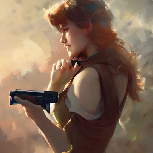 Prompt: beautiful woman with a gun, artstation, wlop, Volegov, highly detailed