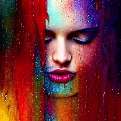 Image similar to dramatic asthetic portrait of revelation in uniquely colored rain with wet hair and face, liquid, epiphany, bliss, fantasy, intricate, elegant, dramatic lighting, highly detailed, lifelike, photorealistic, digital painting, artstation, concept art, smooth, sharp focus, illustration, art by John Collier and Albert Aublet and Krenz Cushart and Artem Demura and Alphonse Mucha