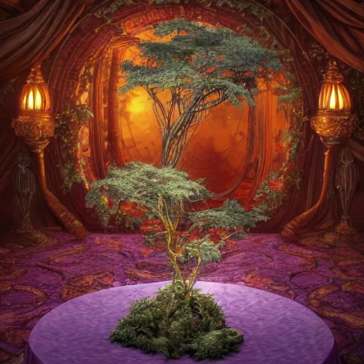 Prompt: painting of a miniature tabletop forest glowing under an ornate glass dome, by paulette tavormina and michael whelan and donato giancola, on a sumptuous velvet tablecloth, hyper realistic, extremely detailed, dramatic lighting, victorian, octane render, featured on artstation