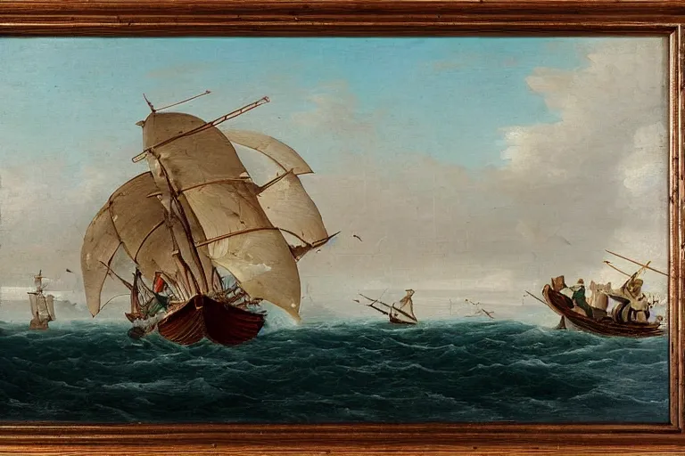 Image similar to an old 1 8 th century boat chasing a whale, the boat is filled with football players, the whale tail breaks the surface american oil painting in a frame