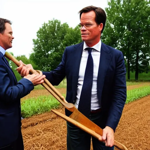 Image similar to Mark Rutte as farmer holding a pitchfork