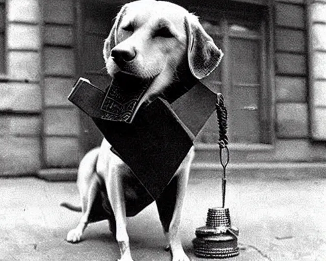 Image similar to a photo of canine karl marx ( karl barx ) as a dog, barking about the failures of capitalism and how the fat cats are creating a rat race of exploitation. how does one write a manifesto with those paws though?