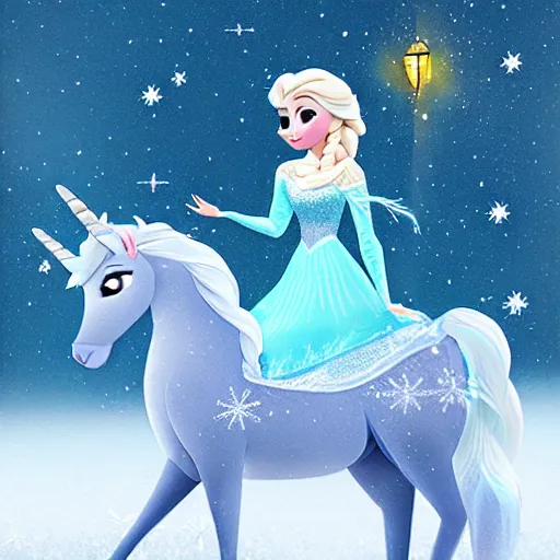 Image similar to Elsa from Frozen as real cute girl photorealistic style riding on snow unicorn